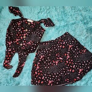 Girls 2pcs layered black floral skirt and front tie top